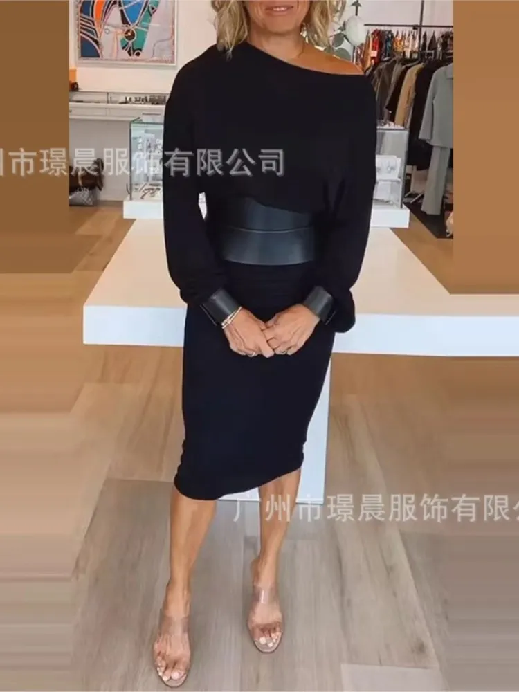 فساتين سوداء غير رسمية خريف جديد أزياء نسائية أنيقة + فستان بحزام جلدي للنساء فساتين حفلات العطلات رداء فام #2