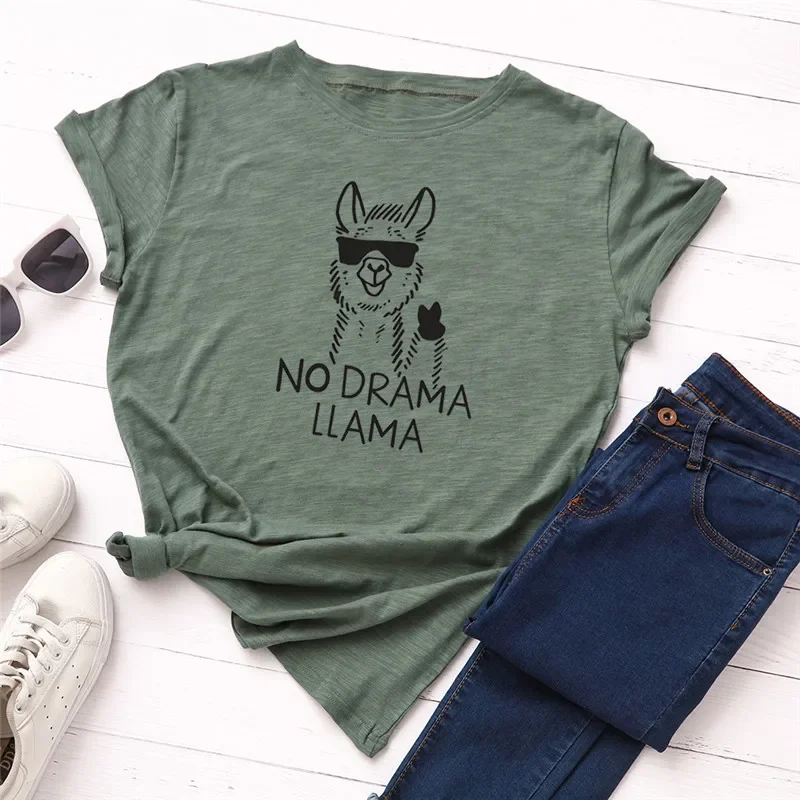 no drama llama Funny Graphic Women Tshirt Fashion casual Cotton Round Neck Female unisex Shirt harajuku Short Sleeve Top Tees