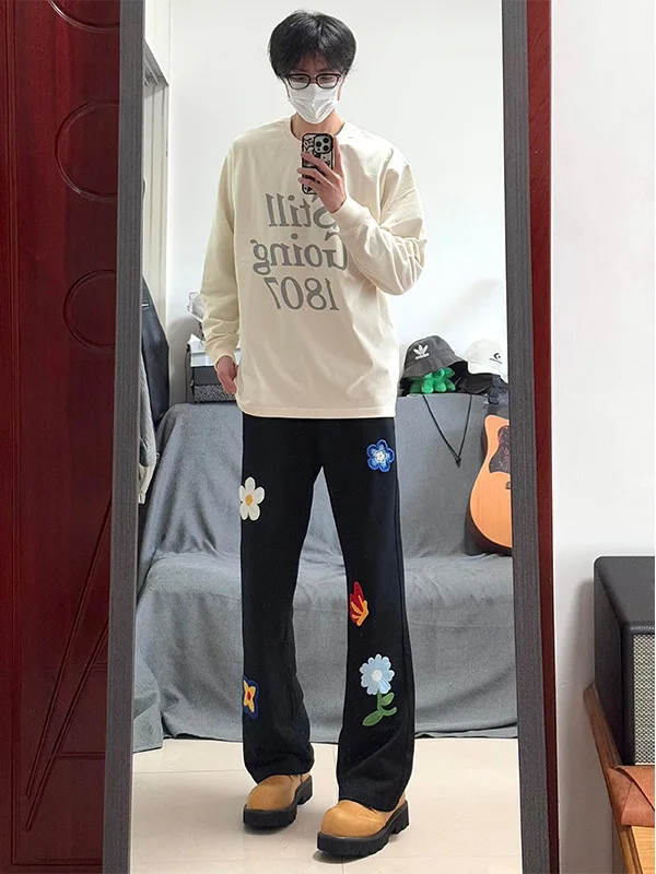 

Floral Embroidered Men's Sports Pants Straight Leg Casual Trousers American Retro Sle Spring CleanFit Long Pants
