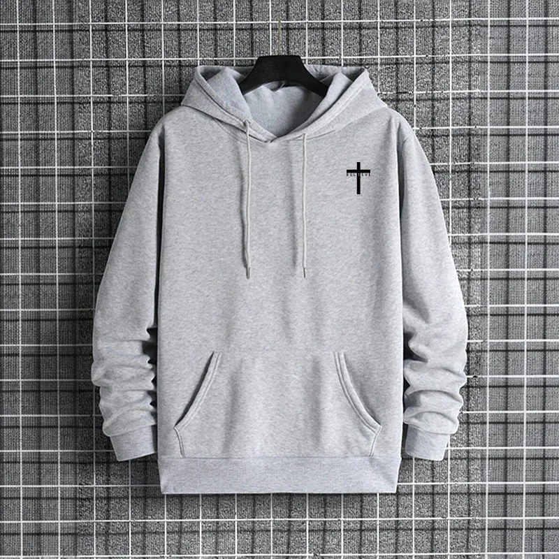 Urban Hoodie für Herren 2025, hochwertiges, einfarbiges Langarm-Sweatshirt, lässig, sportlich, mit Kapuze, Oberbekleidung, Jesus-Kreuz-Druck-Pullover – Detail 5