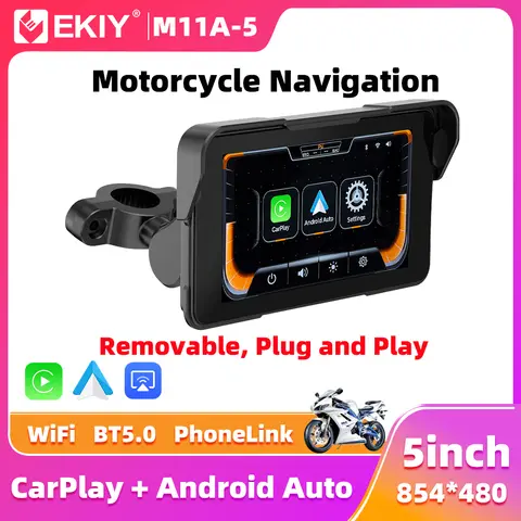 หน้าจอแสดงผลแบบพกพาสำหรับมอเตอร์ไซค์ EKIY ขนาด 5.0 นิ้ว รองรับ Wireless CarPlay และ Moto Android Auto พร้อมระบบนำทาง GPS และหน้าจอที่ถอดออกได้