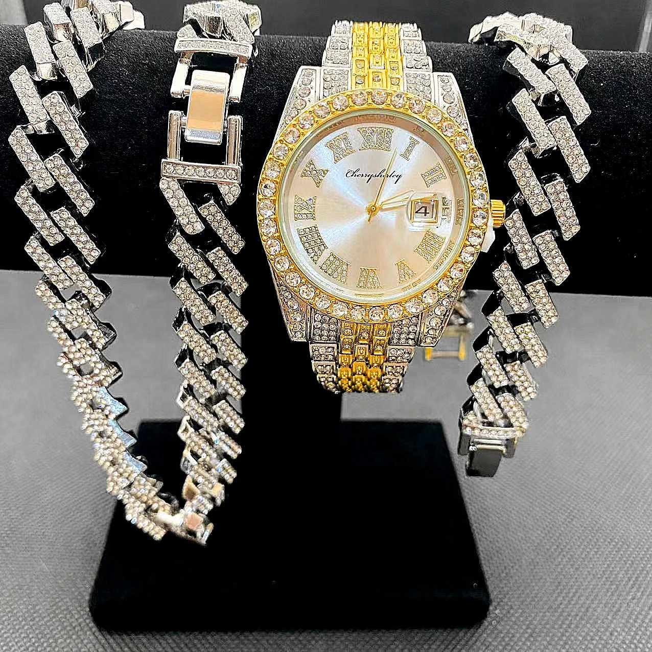 3pcs Luxury Iced Out Watch for Men Miami Bling Bling Gold Cuban Chains Necklaces Bracelet Watches Mens Jewelry Set Gifts Relojes