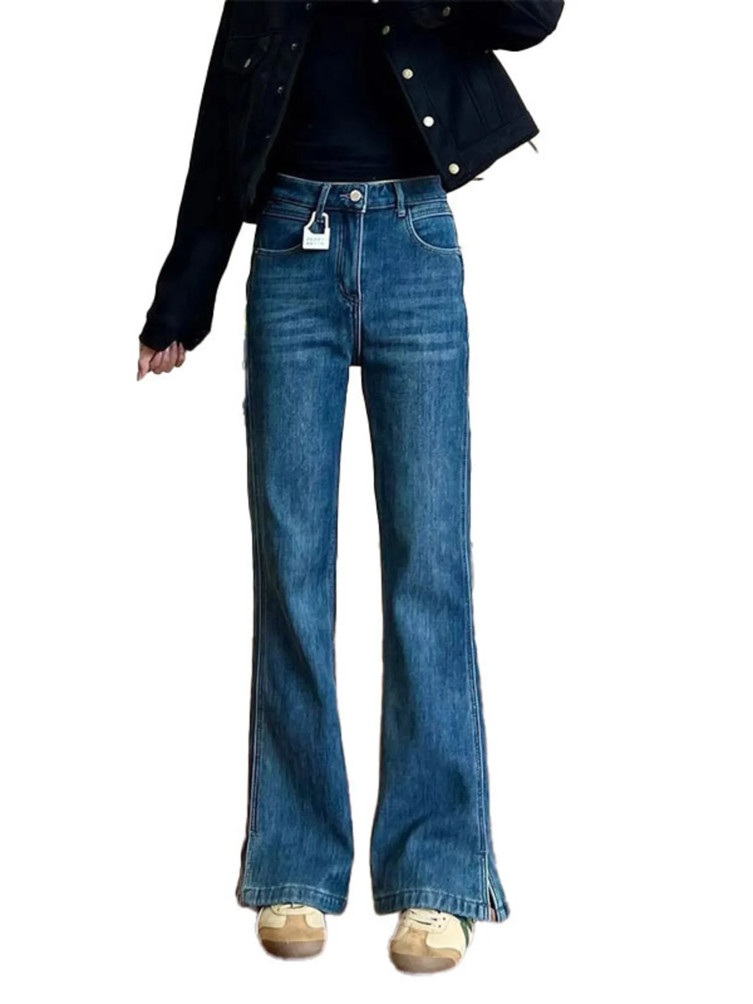 Women Vintage Bootcut Jeans High Waist Split Hem Flare Denim Pants Y2K Streetwear