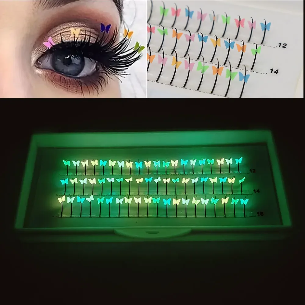 AMSDCN 60pcs Mink False Eyelashes with Noctilucent Butterfly Sequins Glitter Individual Clusters Soft Fairy Lashes Party Makeup