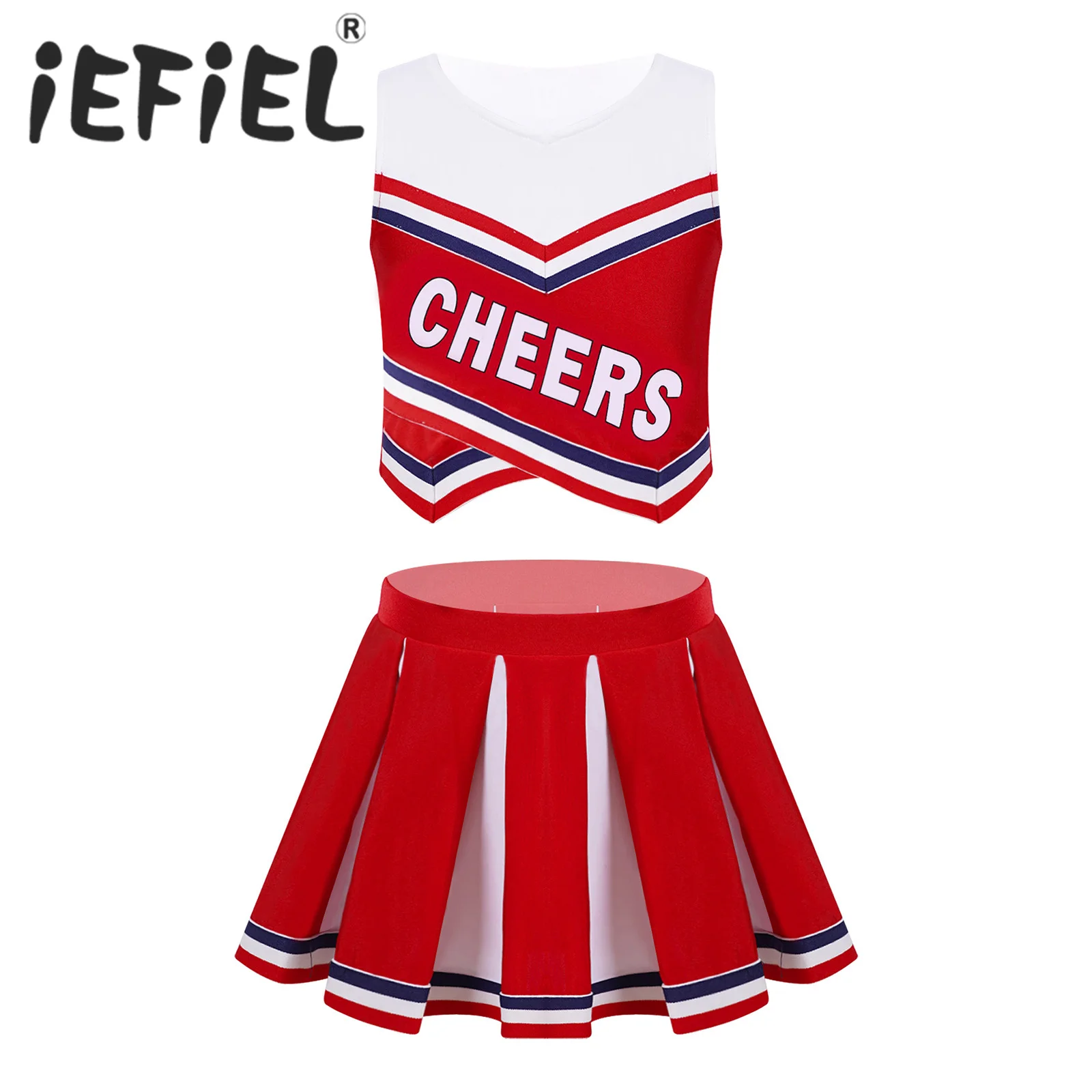 

Kids Girls Cheerleading Uniform Costumes Cheerleader Dancewear Outfits Sports Crop Top with Elastic Waistband Pleated Skirt Sets