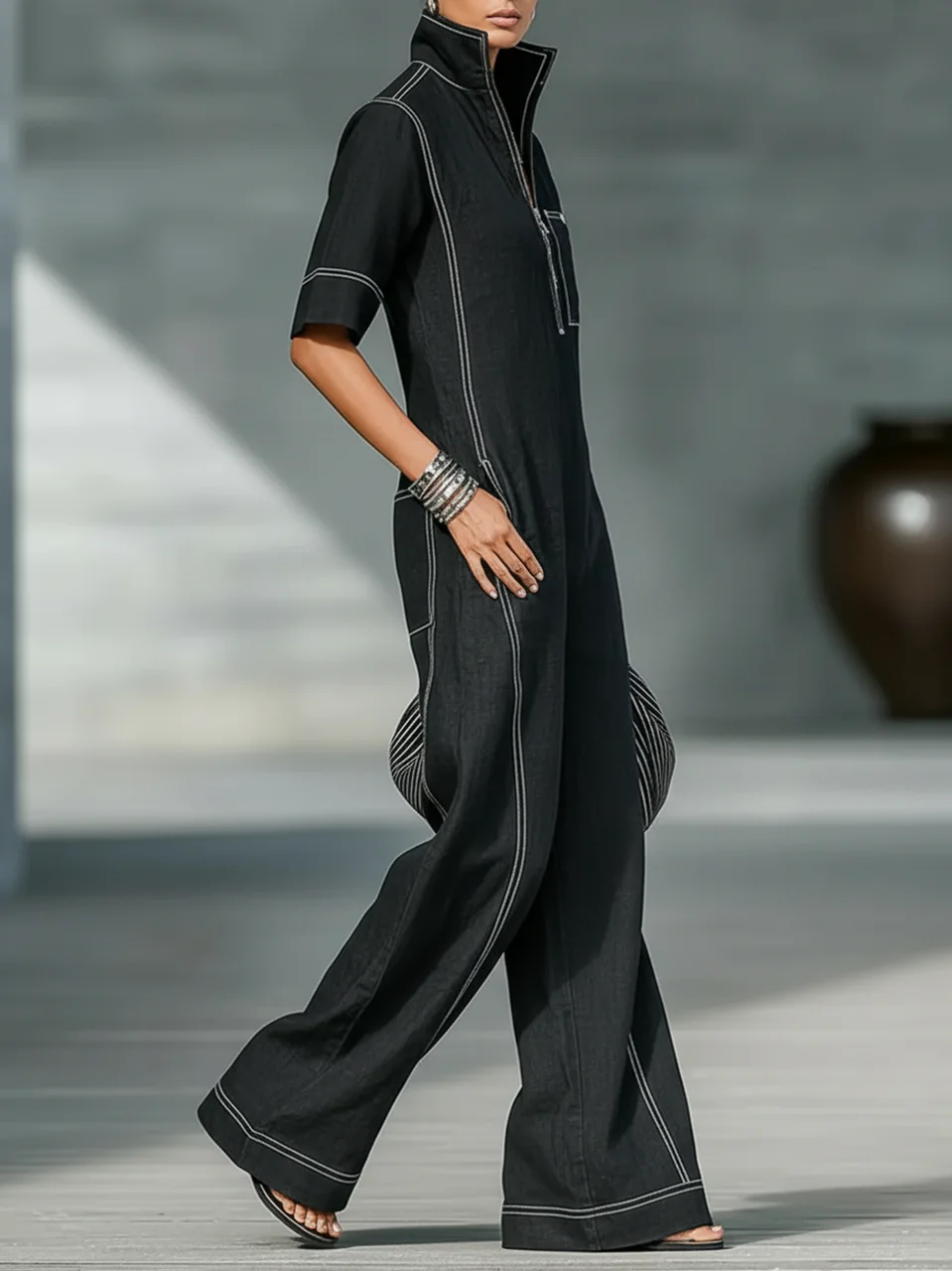 Womens Long Jumpsuit Black  Contrast White Stitching Half Zipper Stand Collar Short Sleeve Overall Casual Wide Leg Pantsuit For Vacation Daily Wear