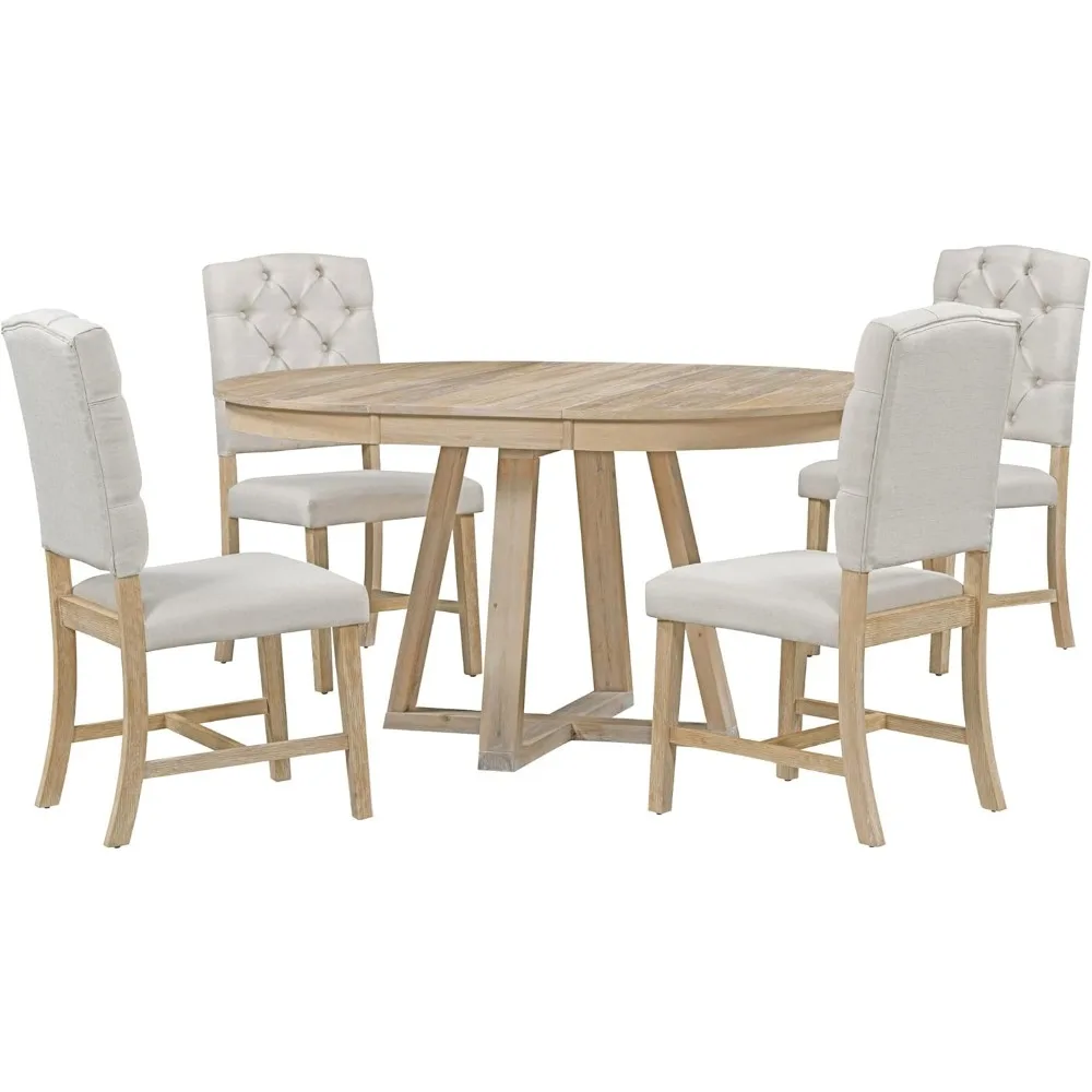 Mesa de jantar e cadeiras, conjunto de mesa de jantar de 5 peças com mesa extensível e cadeiras estofadas, conjunto de móveis de jantar de madeira