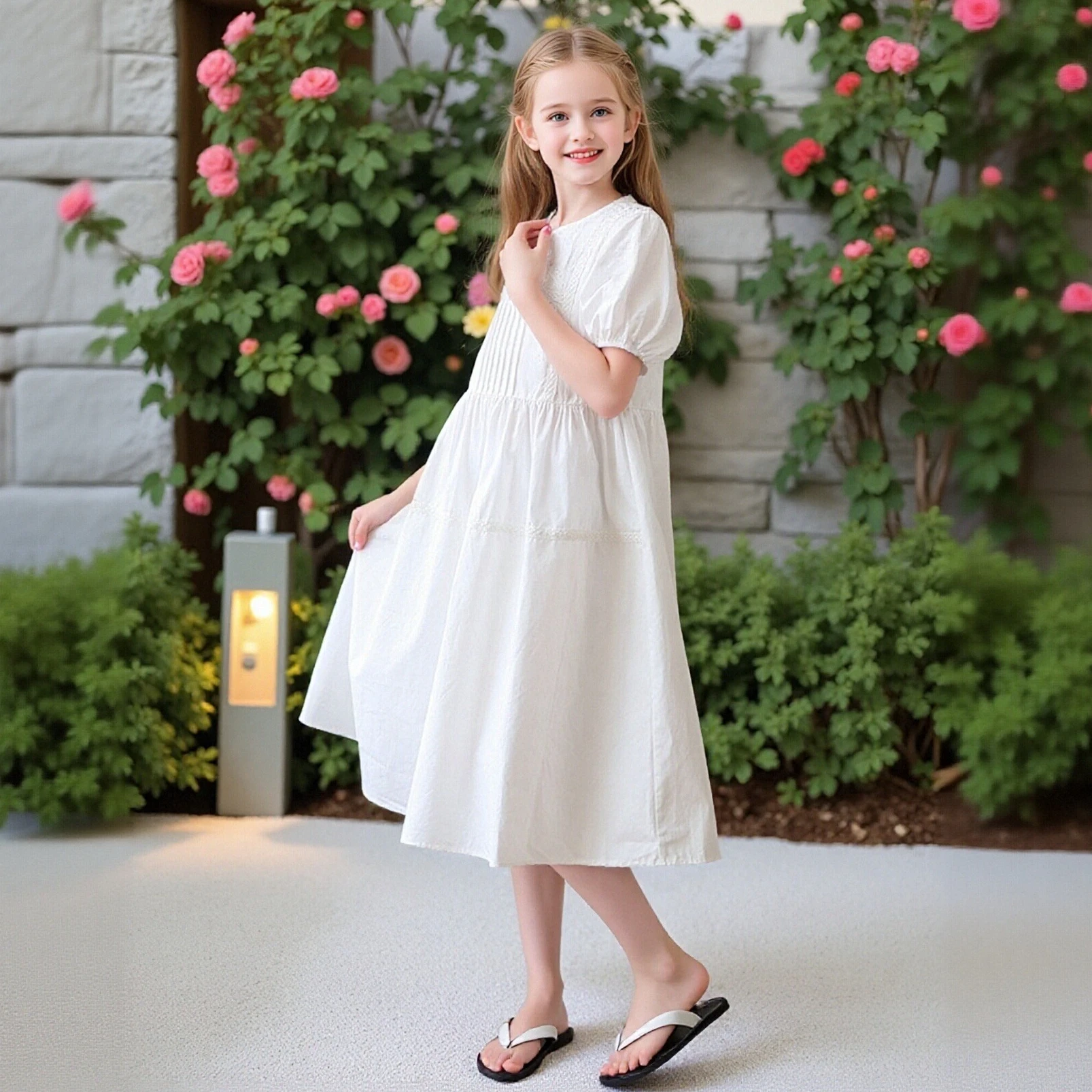 

School Teen Girls White Puff Sleeve Princess Dress Eyelet Embroidery Pleated Lace Trim Cotton Dress for Kids Summer Casual Wear