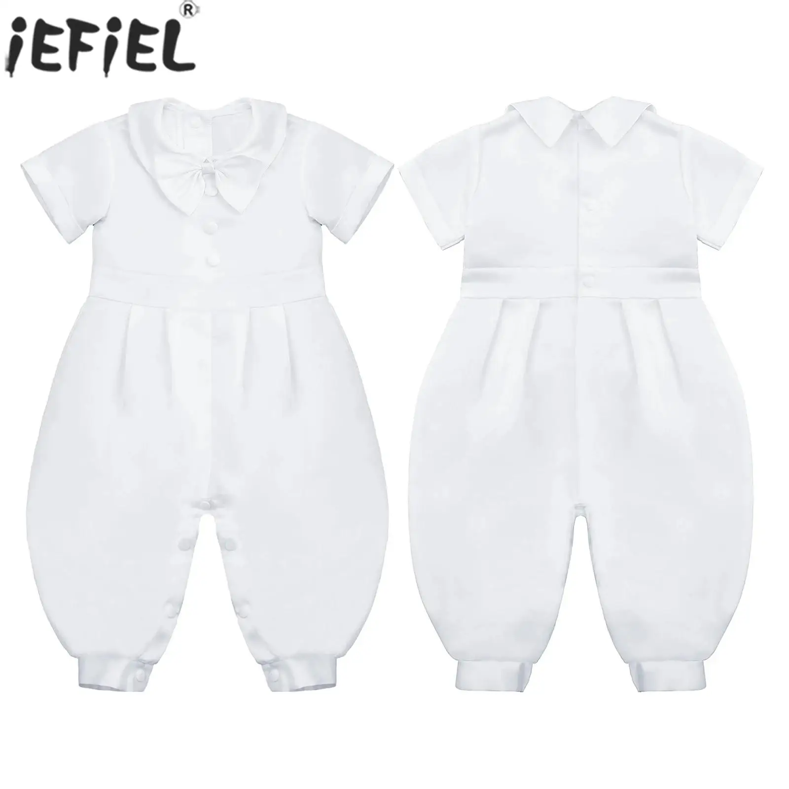 

Baby Boys Christening Wedding Rompers Short Sleeve Lapel Bow Tie Jumpsuit for Church Event Baptism Birthday Party Photography