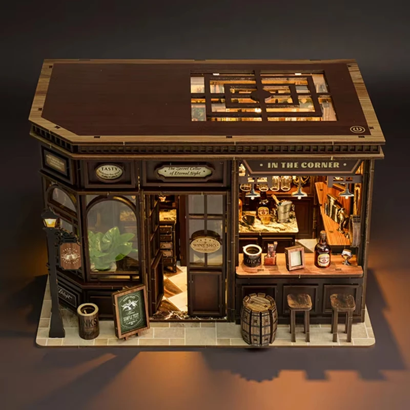DIY Holz Ecke Taverne Buch Ecke Einsatz Kit 3D Puzzle Modell Gebäude Montieren Spielzeug Puppe Häuser Gebäude Spielzeug Bücherregal Dekor