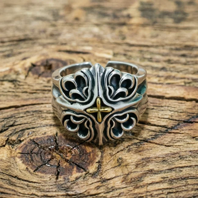 

Old Thai Silver European and American Punk Style Pure Silver Cross Men's Ring Single index finger ring, personalized opening tre