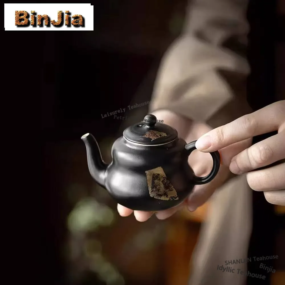 

100ml Creative Burnt Silver Foil Teapot Zen Style Black Coarse Pottery Gilded Pot Tea Brewing Kettle Kung Fu Tea Drinkware Gift