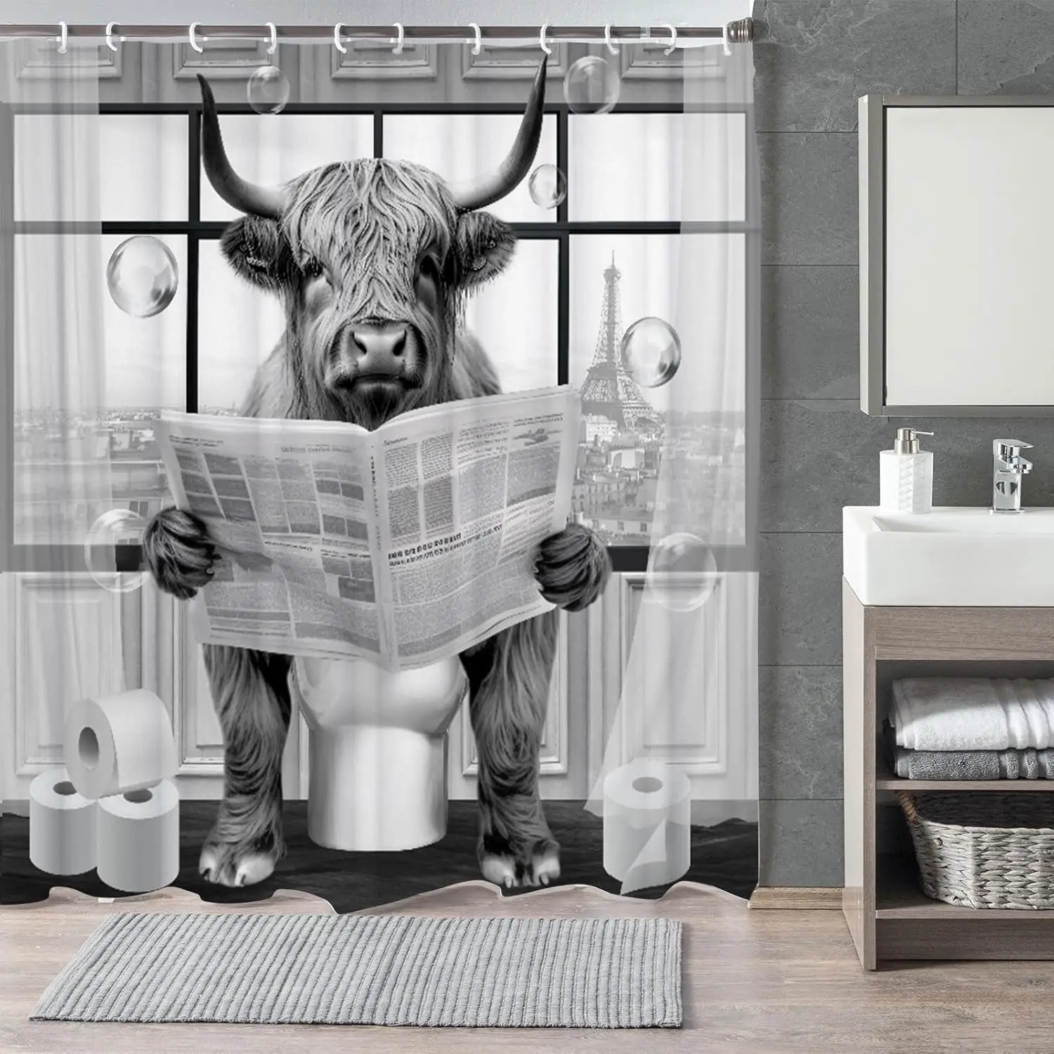 Funny Lion Shower Curtain, Fancy Humor Leo Animal on Toilet Shower Curtains Set, Black and White Funky Shower Curtains
