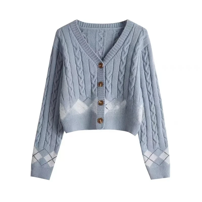 شيك ربيع الخريف منقوشة V-ne ort محبوك سترة مفتوحة سترة ملابس خارجية زر واحد الماس نمط المرأة #5