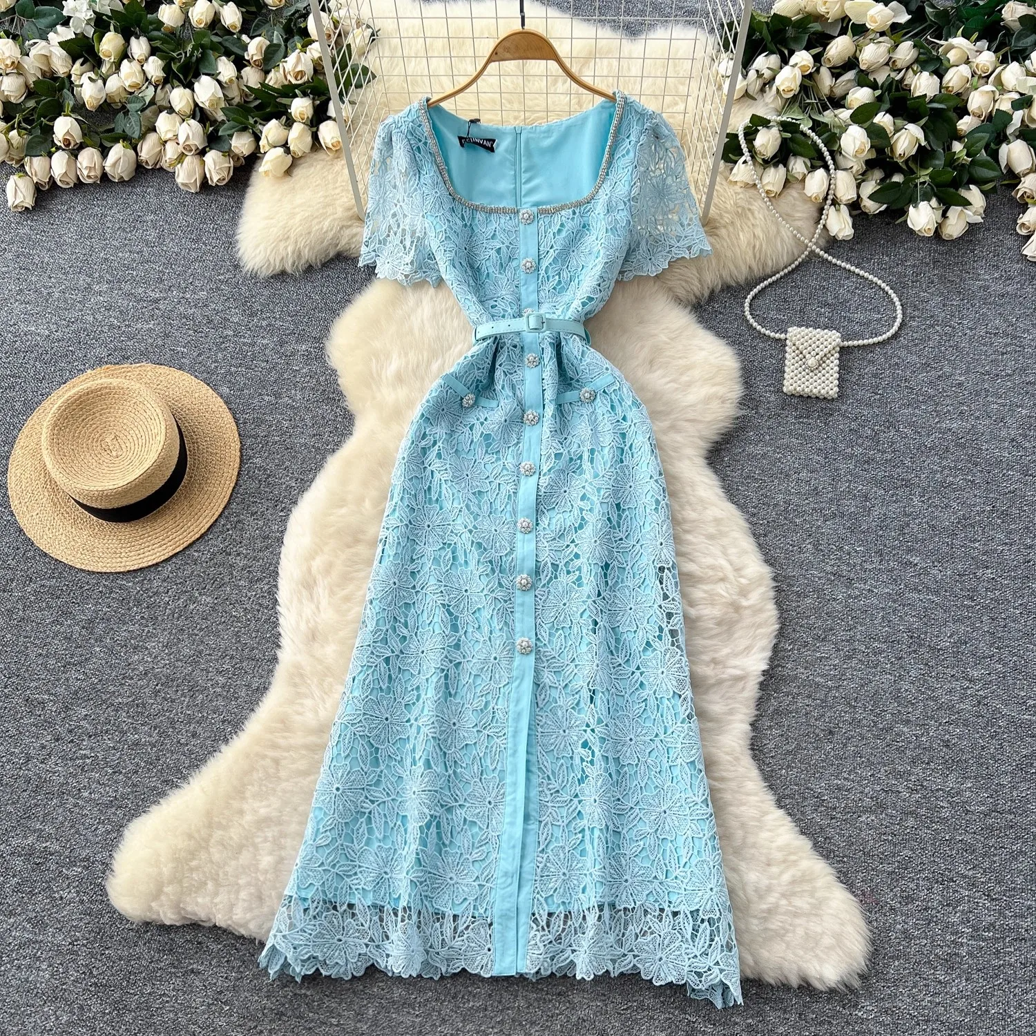 

French Luxury Beading Long Evening Dress Women Elegant Flower Embroidery Hollow Lace Short Sleeve Prom Party Fishtail Dress Belt