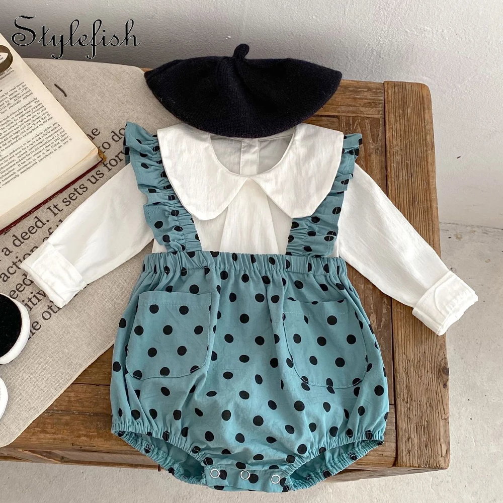 

INS Spring and Autumn Clothing Baby Girl Baby Solid Color Fashion Doll Neck Long Sleeve Top+Dotted Strap Triangle Romper