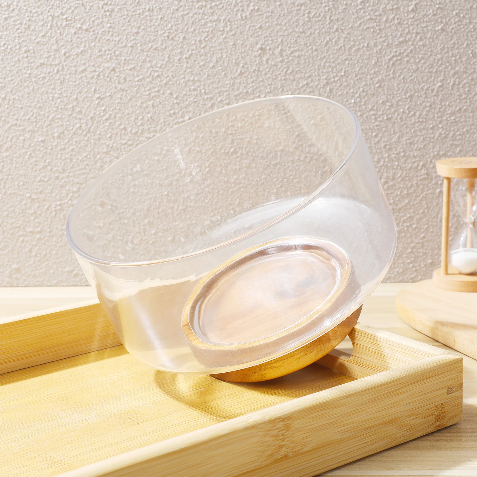 

Japanese Style Fruit Bowl Glass Dessert Plate with Wooden Stand Clear Salad Container Kitchen Food Storage Bowl Multipurpose Use