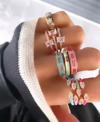 Rose Gold Color Single 5A rectangleCZ Half Stone Half Pastel Enamel New Fashion Women Finger Engagement Ring