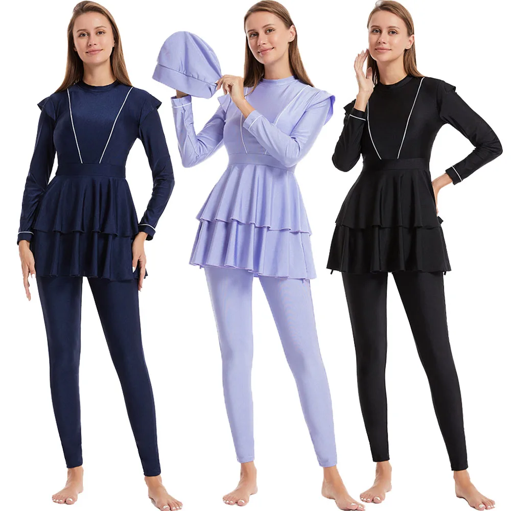 Modest Women Muslim Ruffles Long Sleeve Swimsuit 3pcs Set Hijab Burkini Full Cover Sport Swimwear Beachwear Suit Costume Bathing