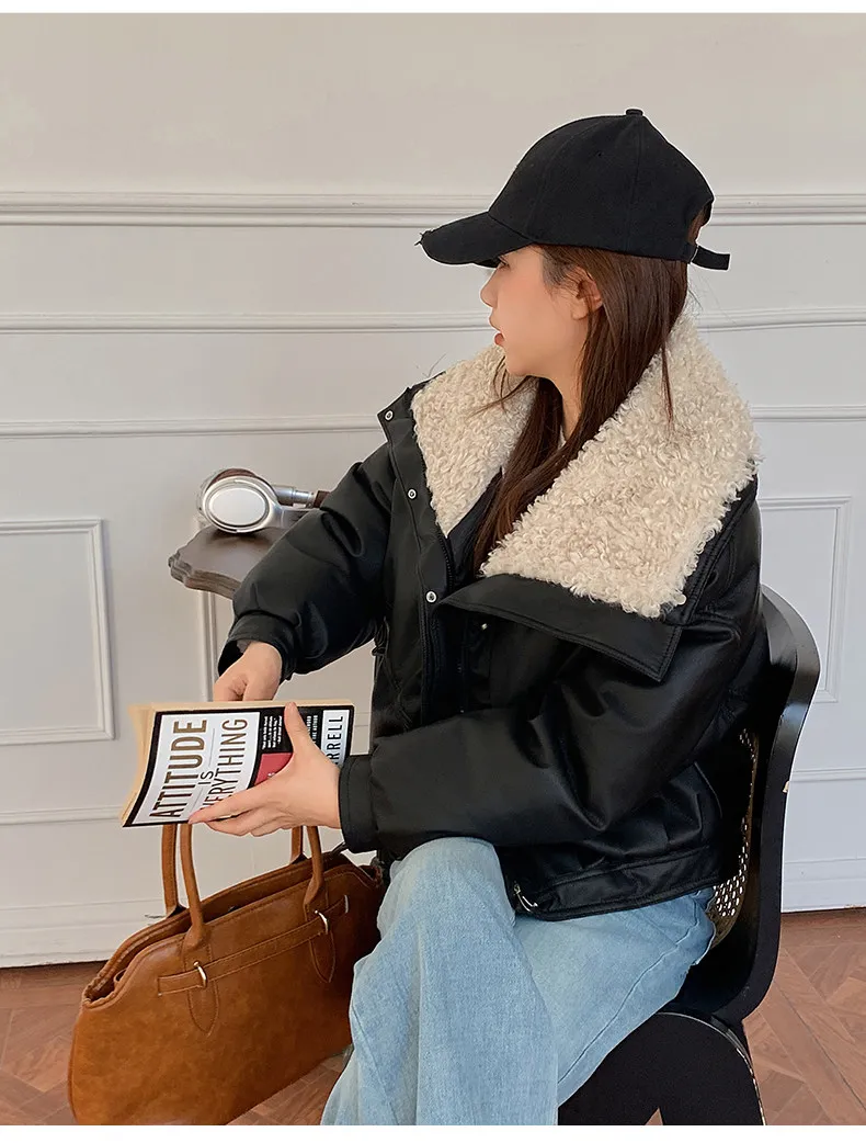 2026 Winter New Thick PU Leather Coat Women Cropped Fluffy Lapel Collar Padded Jacket Female Zip-up Streetwear Cool PU Parkas
