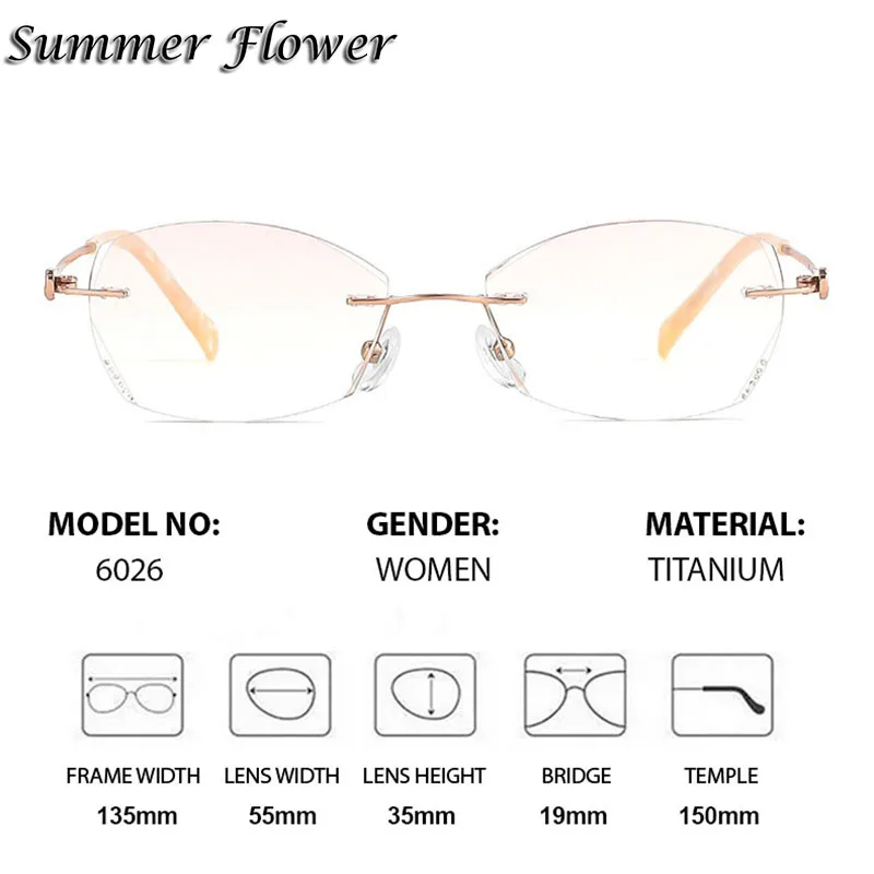 Picture 6: Customize Reading Glasses High End Titanium Rimless Frame Gradient Pink Lenses Prescription Anti Blue Ray Myopia Optical Glasses