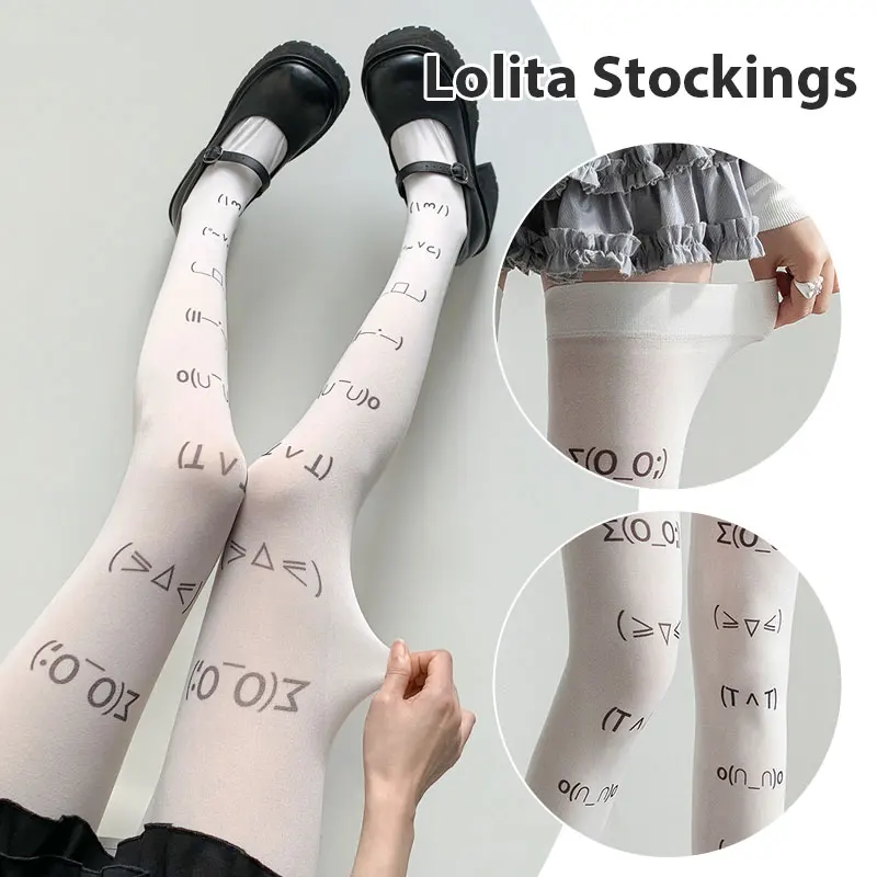 New Y2K Sweet Lolita Expression Tights White Graffiti Letter Print Long Socks Kawaii Over The Knee Socks Cosplay Party Stockings