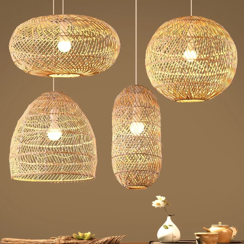 

Natural Hand Weaving Bamboo Rattan Hanging Lamp Chinese Style Suspension Vintage for Living Room Dining Room Farmhouse Lighting