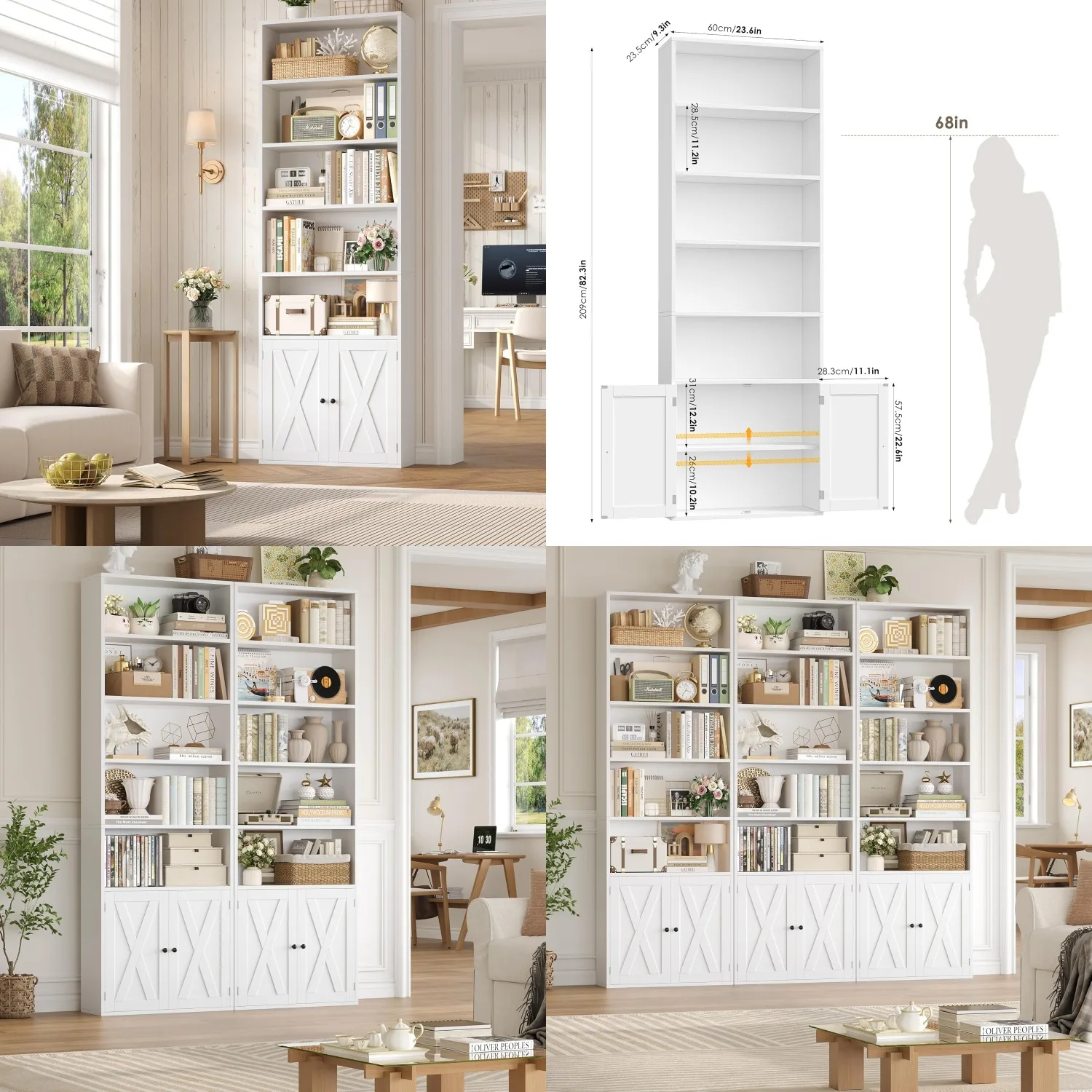 

82" Tall 7-Tier Bookshelf with Doors Adjustable Storage, Open Display Farmhouse Bookcase for Living Room Home Office, Customized