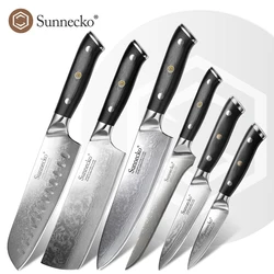 SUNNECKO 6pcs Damascus Steel vg10 Kitchen Knife Set 8'' Chef Slicing 7'' Santoku Nakiri 5'' Utility 3.5'' Paring Knife Tools