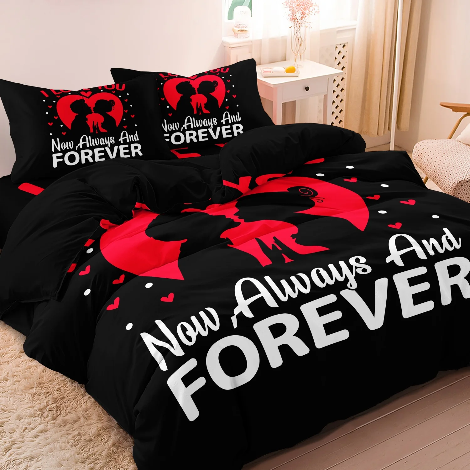 3pcs Romantic Love Rose Flowers, Couple Silhouette Design Duvet Cover Set Romantic, Couple Essential For Home And Dorm Use