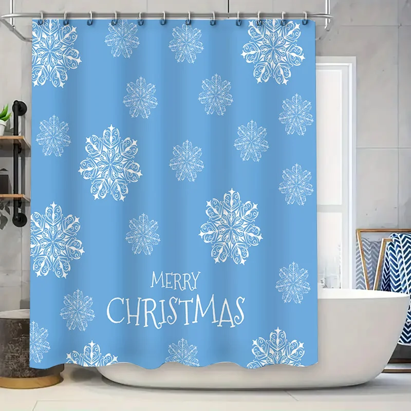 Christmas Shower Curtain Snowflake Blue Bathroom Decor Festive Holiday Gift Idea Waterproof Home Textile Linen Printed