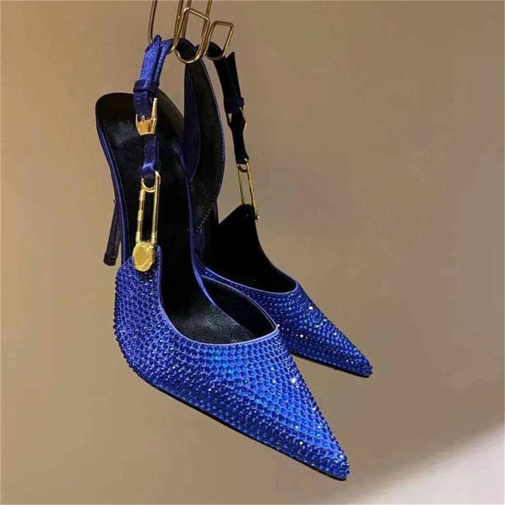 Sapatos de salto alto de strass para mulheres, fivela pontiagudos, saltos finos, marca de luxo, design feminino, sexy, moda, 2024