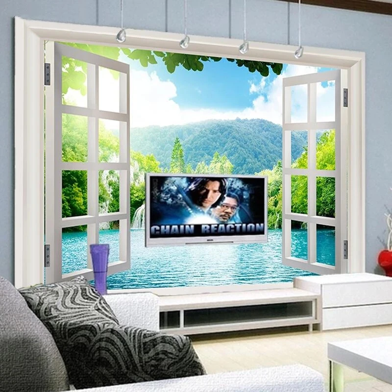 Custom 3D Wallpaper Window Waterfalls Forest View Art Mural Bedroom Hallway Mural Living room sofa TV background wall restaurant