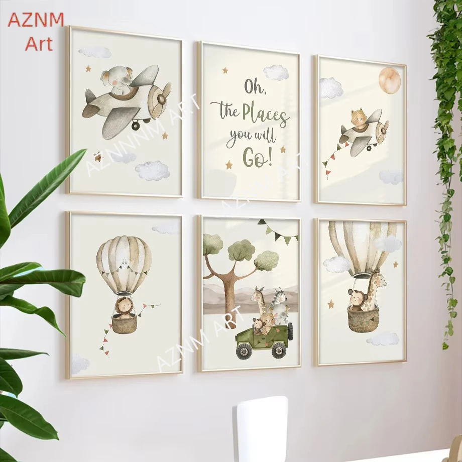 Löwe Giraffe Affe Ballon Flugzeug Auto Kinderzimmer Wand Kunst Leinwand Malerei Poster Und Drucke Wand Bilder Baby Kinder Zimmer Dekor