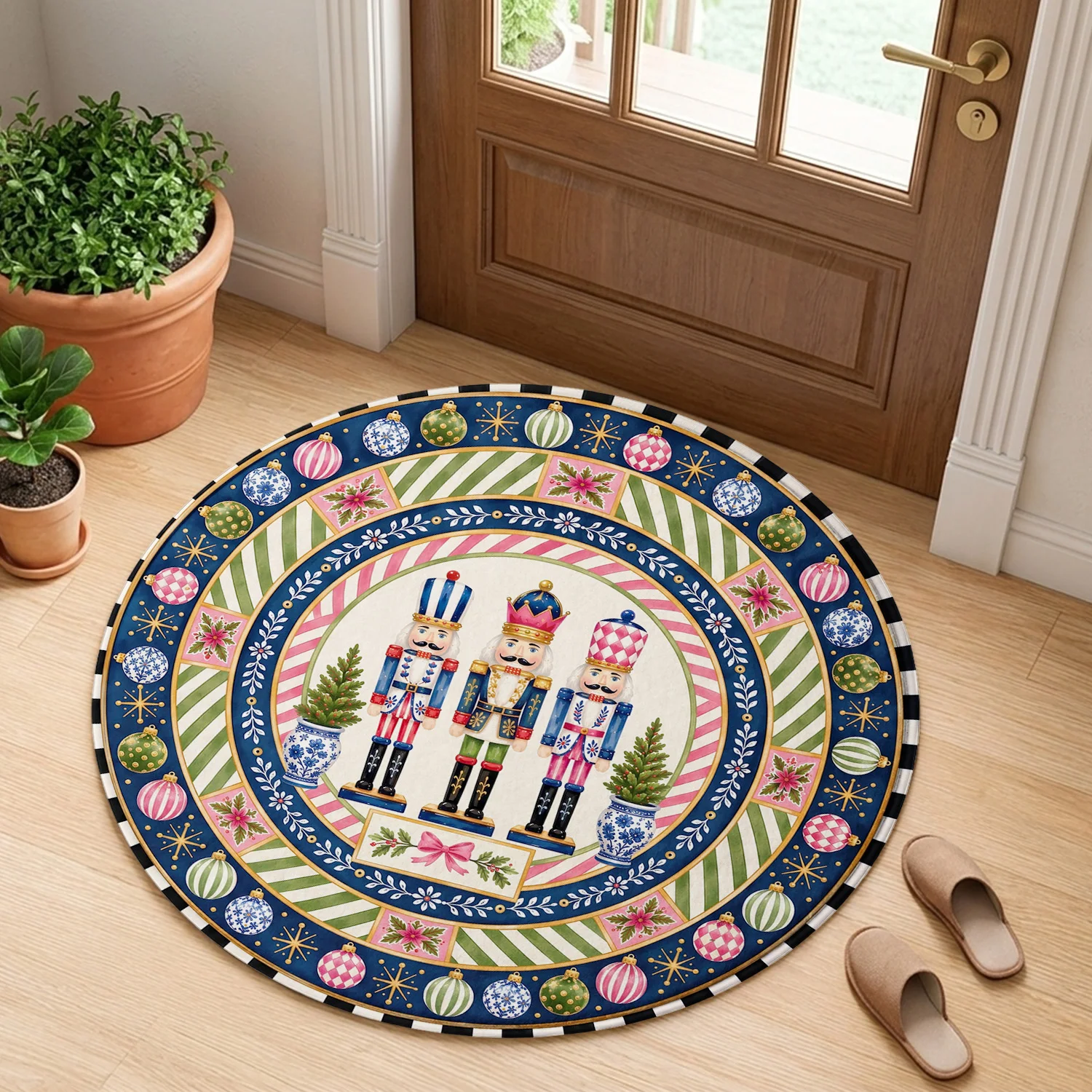 Nutcracker Christmas Tree Bauble Ornament Stripe Checkerboard Pattern Holiday Luxury Round Mat Area Rug Home Decor