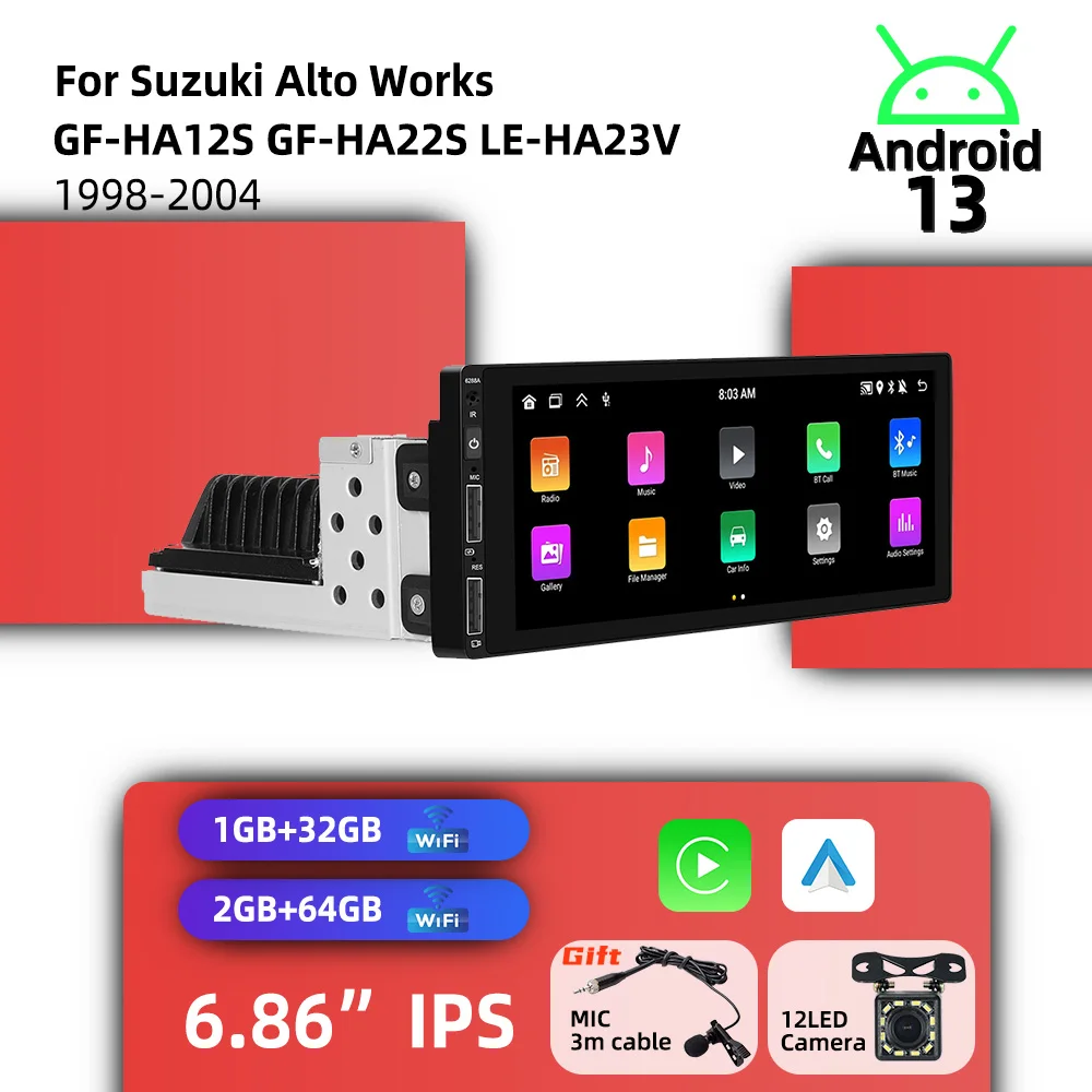 

Для Suzuki Alto Works GF-HA12S GF-HA22S LE-HA23V 1998-2004: 6,86-дюймовый экран, автомагнитола с CarPlay и Android, 1 DIN, GPS-навигация
