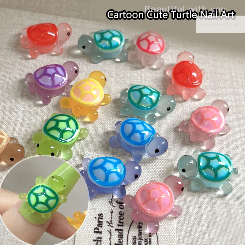 6 uds 3D colores mezclados tortuga luminosa decoración de uñas accesorios de resina Diy adorno de tortuga de Color que brilla en la oscuridad