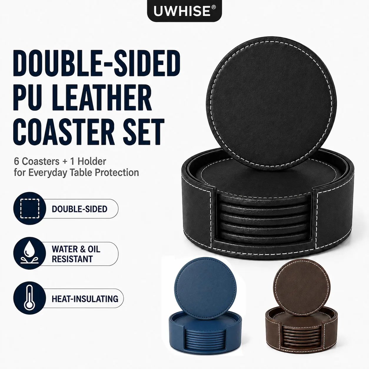 Uwhise 6 Pcs Double Sided PU Leather Drink Coasters Set With Holder Double Sided Round Cup Mat Water Resistant For Office Desk
