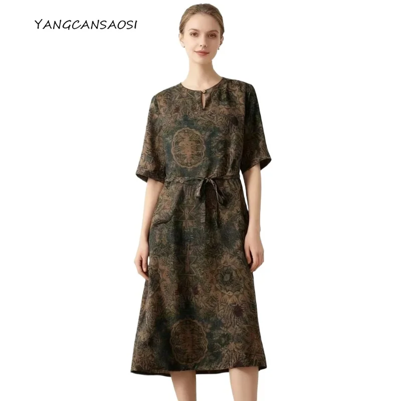

Double Sided 100% Natural Mulberry Silk Gambiered Guangdong Gauze Jacquard Round Neck Mid Sleeve Women's A-line Printed Dress