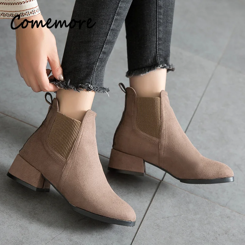 Comemore kobiety średnie obcasy czarne zimowe futerkowe buty 2023 Suede Chunky Heel Chelsea buty moda kobieta botki Botas Mujer 41