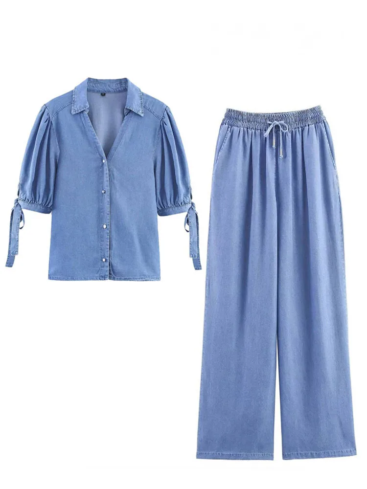 

HH Women Solid Pant Sets Short Sleeves Bow Single-breasted Turn-Down Collar Shirts+Autumn Pockets Elastic Waist Wide Leg Pants