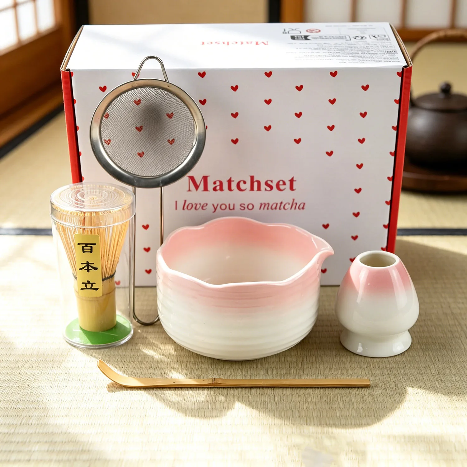 4/5/7PCS Pink Gradient Flower Rim Matcha Tea Set, Japanese Matcha Kit with Spouted Chawan, Bamboo Whisk, Sifter, Scoop & Tea Mat - view 4