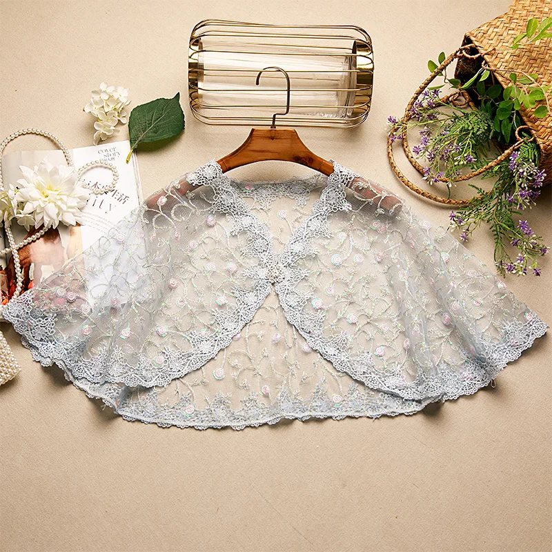 

Women's Spring Summer Flower Embroidery Vintage Mesh Lace Pashmina Female Summer Sunscreen Mesh Shawl Cloak R972