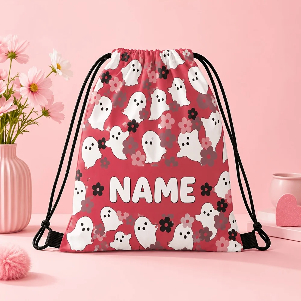 1Pc Halloween Theme Custom Text/Name Drawstring Backpack, Ghost Pattern Drawstring Closure Design Halloween Gift Storage Pouch