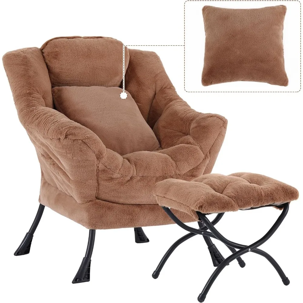 Lazy Chair with Ottoman, Comfy Reading Lounge Chair with Footstool & Throw Pillow Modern with Armrests & Side Pocket for Living