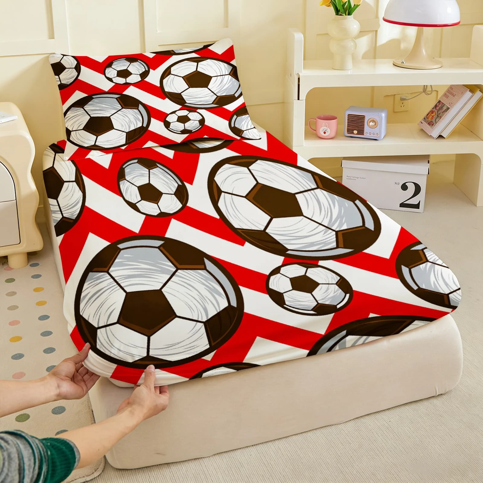 1pc Soccer Balls on Red Chevron Print Fitted Sheet Deep Pocket Elastic Mattress Cover Single Double Queen King Bedroom Decor