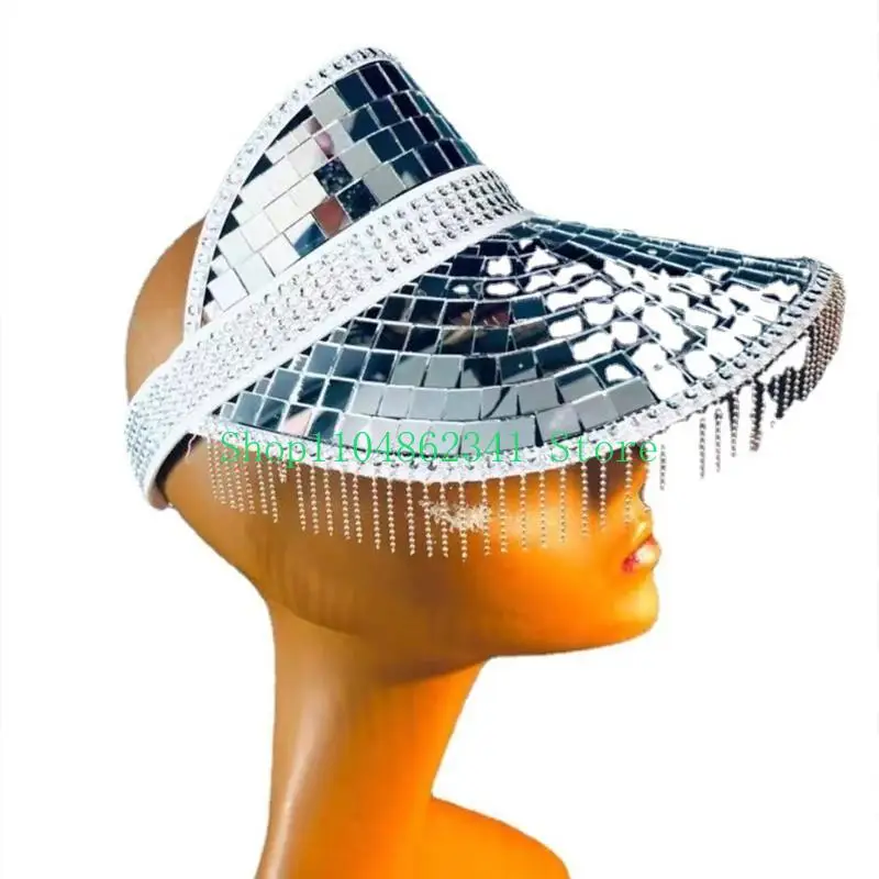 652F Glitter Mirror Disco Bucket Hat Disco Ball Hats for DJ Sequins Bucket Hat