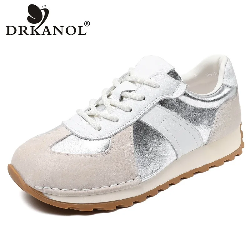 

DRKANOL Women Casual Sneakers 2024 Fashion Mixed Colors Genuine Leather Flat Shoes Academic Style Student Lace-Up Board Shoes