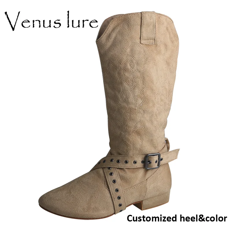 Customized Heel Prescott Suede Sole Western Style Line Dancing Boots West Coast Swing Dance Boots Beige 4CM