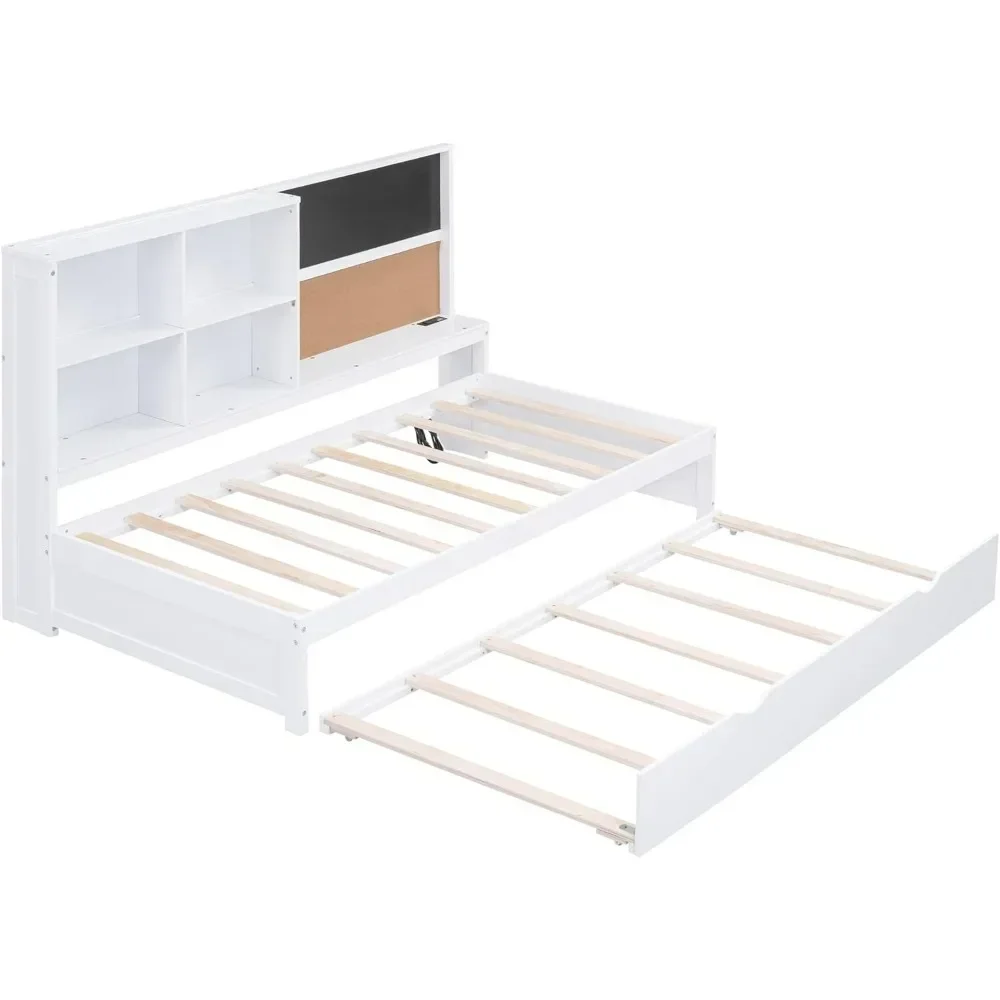 Wooden double sofa bed frame with storage rack, rollers, blackboard, soft wood board and USB port, white